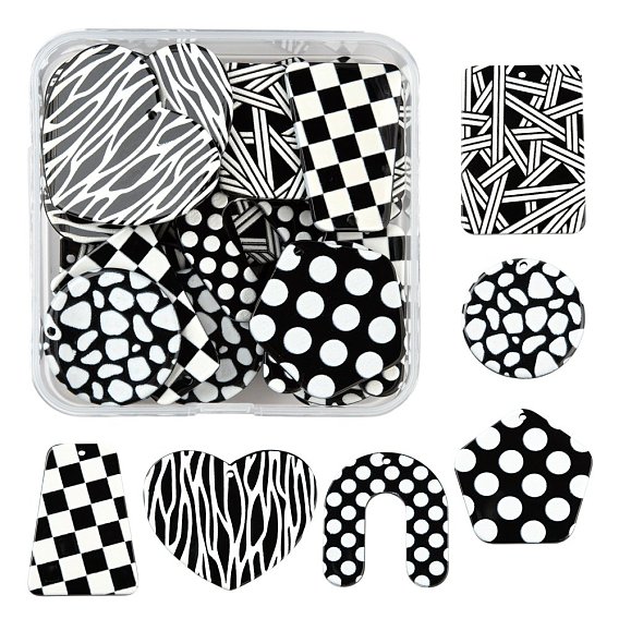 24 шт 6 стиль 3 d акриловые подвески с принтом, черно-белые, арка, трапеция, плоский круг, сердце, прямоугольник и пятиугольник
