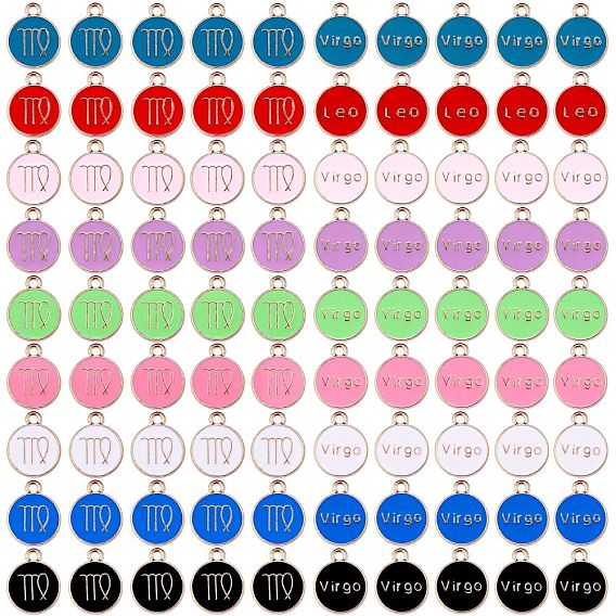 90 pcs 9 couleurs pendentifs en alliage d'émail, sans cadmium et sans plomb, plat rond avec constellation, or et de lumière