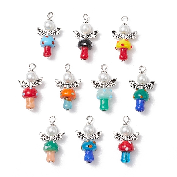 Бусины ручной работы в технике лэмпворк с подвесками из стеклянных жемчужин круглой формы, гриб и ангел, с фурнитурой из сплава в тибетском стиле и железными штифтами с плоскими головками