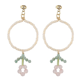 Flower Glass Seed Beads Dangle Earrings, 304 Stainless Steel Stud Earring for Women