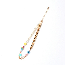 Beaded Choker Necklaces, with Glass Beads, Resin Beads and Brass Curb Chains, Smiling Face, Golden