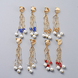 Long Tassel Earrings, Brass Dangle Stud Earrings, with Rhombus Glass, Glass Pearl Beads and Earring Backs/Ear Nuts, Golden
