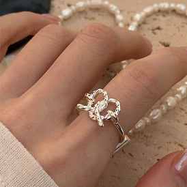 Hollow Heart Twist Ring Female Simple Sweet Bow Knot S925 Silver Open Ring Stacked Index Finger Ring