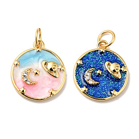 Rack Plating Brass Micro Pave Cubic Zirconia Pendants, with Enamel and Jump Ring, Cadmium Free & Nickel Free & Lead Free, Real 18K Gold Plated, Flat Round with Moon & Planet