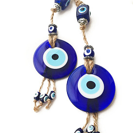 Flat Round with Evil Eye Glass Tassel Pendant Decorations, Braided Hemp Rope Hanging Ornaments