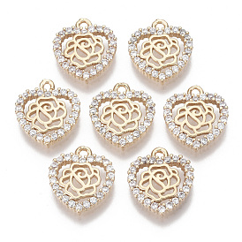 Valentine's Day Brass Micro Pave Cubic Zirconia Pendants, Heart with Rose, Light Gold