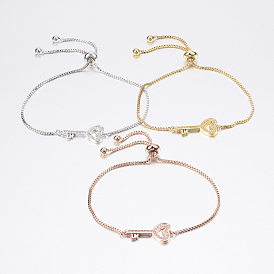 Adjustable Brass Bolo Bracelets, Slider Bracelets, with Cubic Zirconia and Box Chains, Key