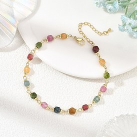 Natural Multicolor Tourmaline Faceted Cube Beaded Chain Anklets, Brass Jewelry for Women, Golden