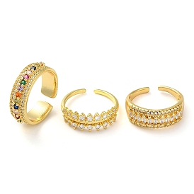 Rack Plating Brass Micro Pave Cubic Zirconia Open Cuff Rings, Real 18K Gold Plated