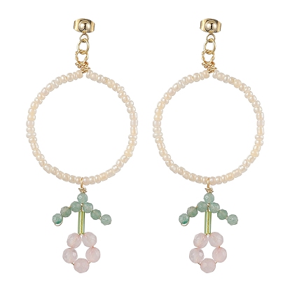 Flower Glass Seed Beads Dangle Earrings, 304 Stainless Steel Stud Earring for Women