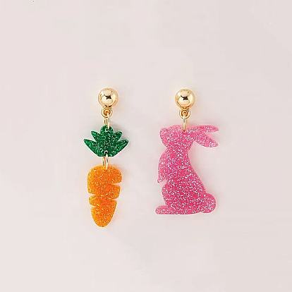 Пасхальные акриловые серьги-подвески, кролик и морковь, золотые, слева и справа