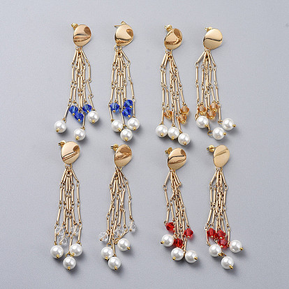 Long Tassel Earrings, Brass Dangle Stud Earrings, with Rhombus Glass, Glass Pearl Beads and Earring Backs/Ear Nuts, Golden