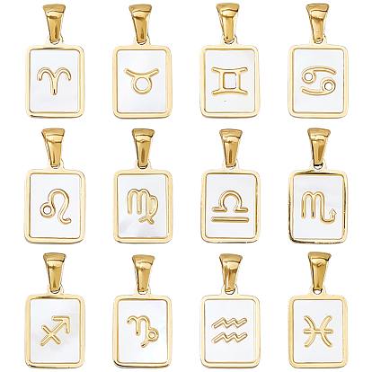 12шт. 12 стили созвездий натуральные белые подвески из ракушек, 304 прямоугольные подвески из нержавеющей стали, ионное покрытие (ip)