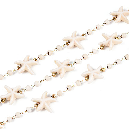 Ручная работа 316 цепочки из нержавеющей стали в форме морской звезды, с синтетической бирюзой и бусинами из нержавеющей стали, пайки, с катушкой, реальный 18 k позолоченный