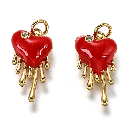 Brass Micro Pave Clear Cubic Zirconia Pendants, Long-Lasting Plated, with Jump Rings & Red Enamel, Heart