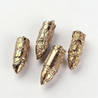 Electroplated Natural Dragon Bone Stone Pointed Pendants, Bullet, with Mixed Metal Color Brass Findings, 41~43x12~14mm, Hole: 3x4mm