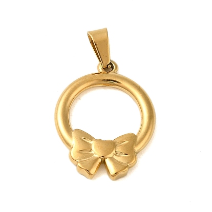 Ion Plating(IP) 304 Stainless Steel Pendants, Ring with Bowknot Charm