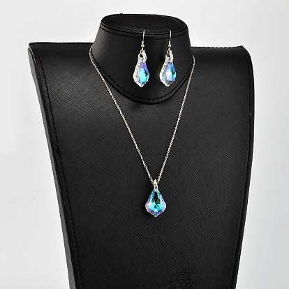 Teardrop AB Color Plated Electroplate Glass Pendant Necklaces & Dangle Earrings Jewelry Sets, with 304 Stainless Steel Earring Hooks & Brass Cable Chains, 17.9 inch , 55mm, Pin: 0.6mm