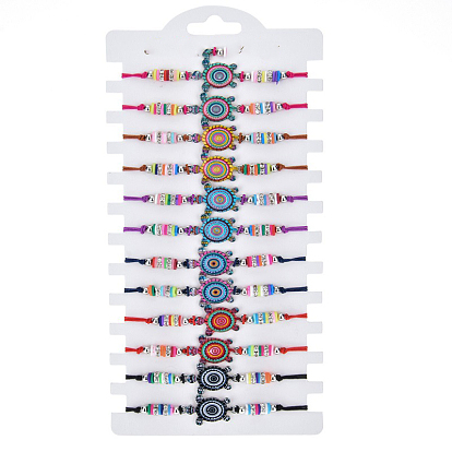 12Pcs 12 Style Colorful Alloy Link Bracelets Set, Polymer Clay Heishi Beaded Adjustable Bracelets for Women