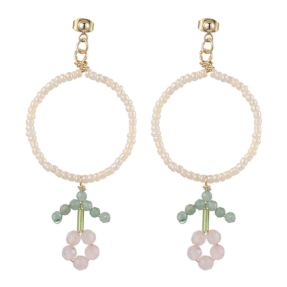 Flower Glass Seed Beads Dangle Earrings, 304 Stainless Steel Stud Earring for Women