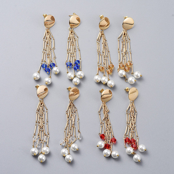 Long Tassel Earrings, Brass Dangle Stud Earrings, with Rhombus Glass, Glass Pearl Beads and Earring Backs/Ear Nuts, Golden