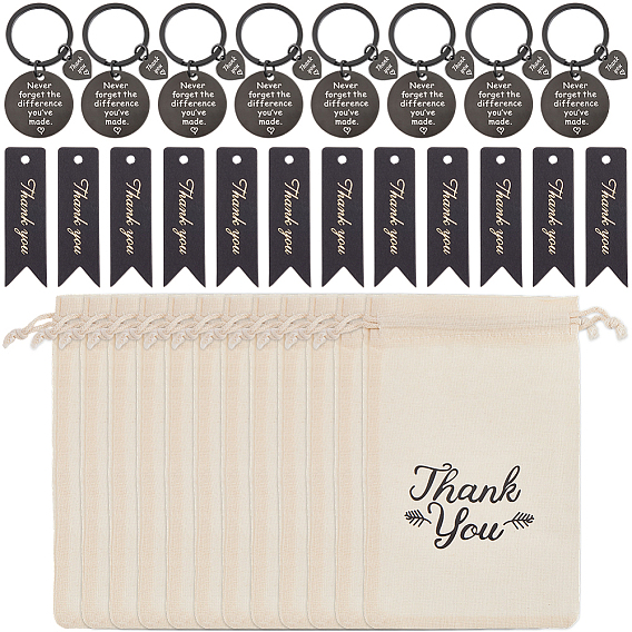 12Pcs Stainless Steel Keychains, with 12Pcs Linen Cloth Packing Pouches & Paper Gift Tags