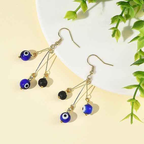 Handmade Lampwork Evil Eye and Natural Lava Rock Beads Dangle Earrings, 304 Stainless Steel Dangle Earrings