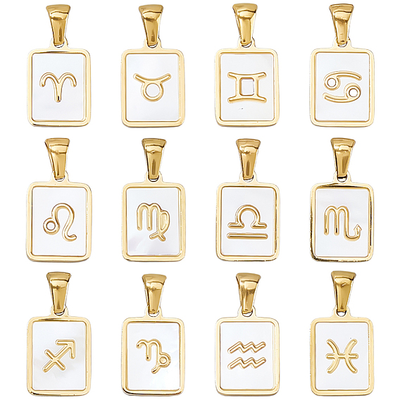 12шт. 12 стили созвездий натуральные белые подвески из ракушек, 304 прямоугольные подвески из нержавеющей стали, ионное покрытие (ip)