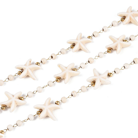 Ручная работа 316 цепочки из нержавеющей стали в форме морской звезды, с синтетической бирюзой и бусинами из нержавеющей стали, пайки, с катушкой, реальный 18 k позолоченный