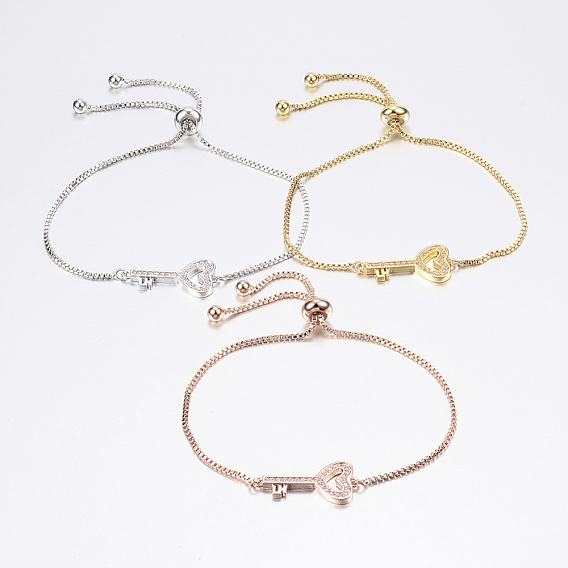 Adjustable Brass Bolo Bracelets, Slider Bracelets, with Cubic Zirconia and Box Chains, Key