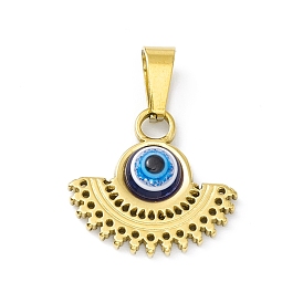 Vacuum Plating 304 Stainless Steel Resin Charms, Golden, Fan Charms with Evil Eye