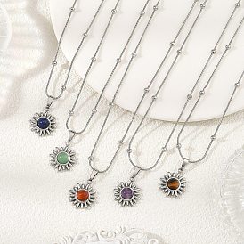 Natural Mixed Stone 304 Stainless Steel Sun Pendant Satellite Chain Necklaces