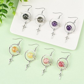 4 Pairs 4 Styles Natural Gemstone & Alloy Pendant Dangle Earrings, Planet, 316 Surgical Stainless Steel Dangle Earrings for Women