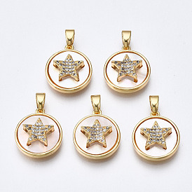 Brass Micro Pave Clear Cubic Zirconia Charms, with White Sea Shell, Nickel Free, Flat Round with Star