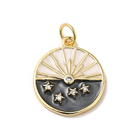 Rack Plating Brass Micro Pave Clear Cubic Zirconia Pendants, with Jump Ring and Enamel, Cadmium Free & Nickel Free & Lead Free, Real 18K Gold Plated, Flat Round with Star