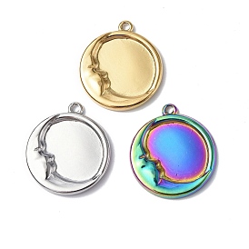 304 Stainless Steel Pendants, Flat Round with Moon Charm