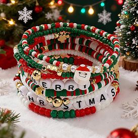 9шт. рождественские эластичные браслеты из акрила, полимерной глины и стеклянных бусин, ювелирные изделия из латуни для женщин