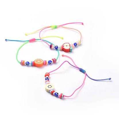 Adjustable Nylon Thread Kid Braided Beads Bracelets, with Polymer Clay Heishi Beads Beads, Round Glass Seed Beads and Handmade Evil Eye Lampwork Round Beads, Fruits