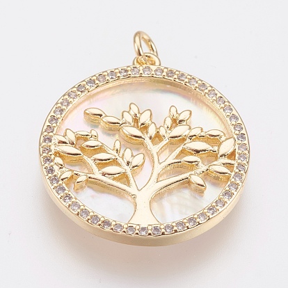 Brass Micro Pave Cubic Zirconia Pendants, with White Shell, Lead Free & Cadmium Free, Flat Round with Tree of Life