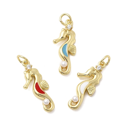 Латунные микро проложить кубического циркония подвески, прелести морских коньков, с соединительным кольцом, эмалью и искусственным жемчугом из АБС, без кадмия и без свинца, стойки покрытие, долговечный, реальный 18 k позолоченный