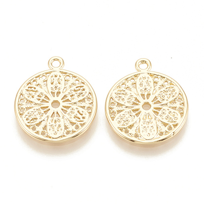 Brass Pendants, Flat Round with Flower, Nickel Free