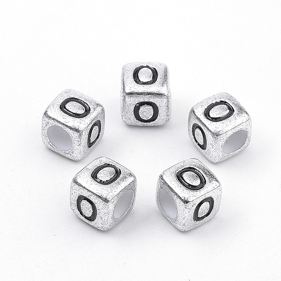 Plated Acrylic Beads, Horizontal Hole, Cube with Letter, Antique Silver