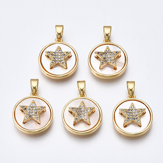 Brass Micro Pave Clear Cubic Zirconia Charms, with White Sea Shell, Nickel Free, Flat Round with Star
