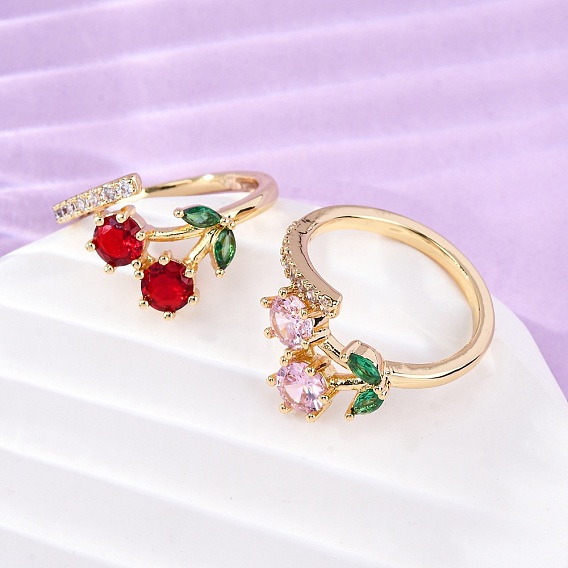 Кольца для женщин с микропаве из латуни и кубическими цирконами, вишня, стойки покрытие, прочное покрытие, без кадмия и без свинца, реальный 18 k позолоченный