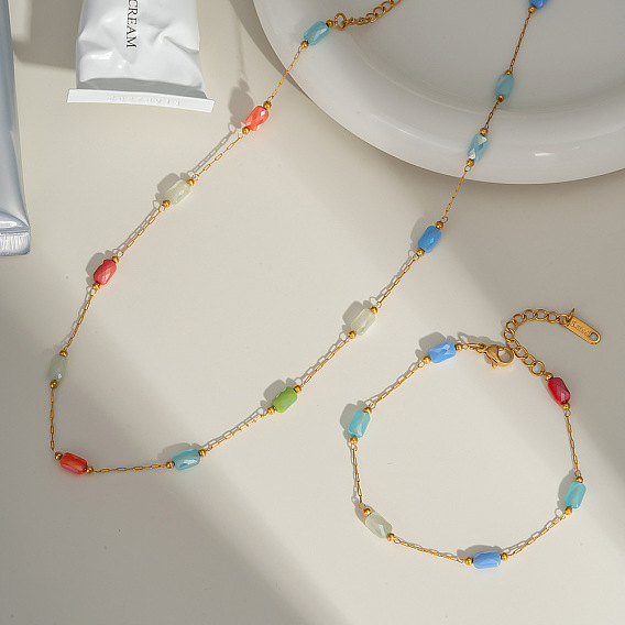 Наборы браслетов и ожерелий из прямоугольной цепочки из нержавеющей стали и стекла для женщин