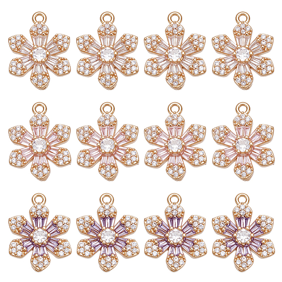 12шт. 3 цвета латунь с подвесками из кубического циркония, цветок, золотые