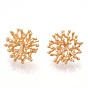 Brass Stud Earring Findings, with Loop, Nickel Free, Real 18K Gold Plated, Coral