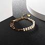 Round Shell Pearl Beaded Bracelets, with Brass Paperclip Chains, Golden