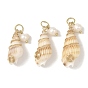 Pendentifs en coquillage naturel enroulés de fil de cuivre en spirale, charme de conque, avec des perles de culture d'eau douce naturelles et des anneaux de jonction ouverts en acier inoxydable