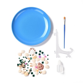 Peinture de pâte de disque de conque de coquille de modèle de paon de bricolage pour des enfants, y compris coquille, perles et assiette en plastique, pinceau et colle